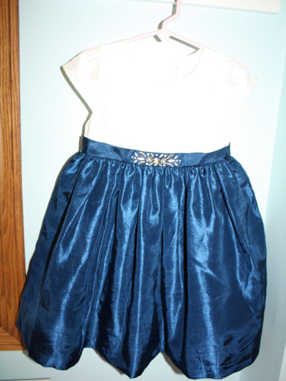 Gymboree 3T Dressed Up Emerald Party Blue White Gem Lined Bow Dupioni Dress NWOT
